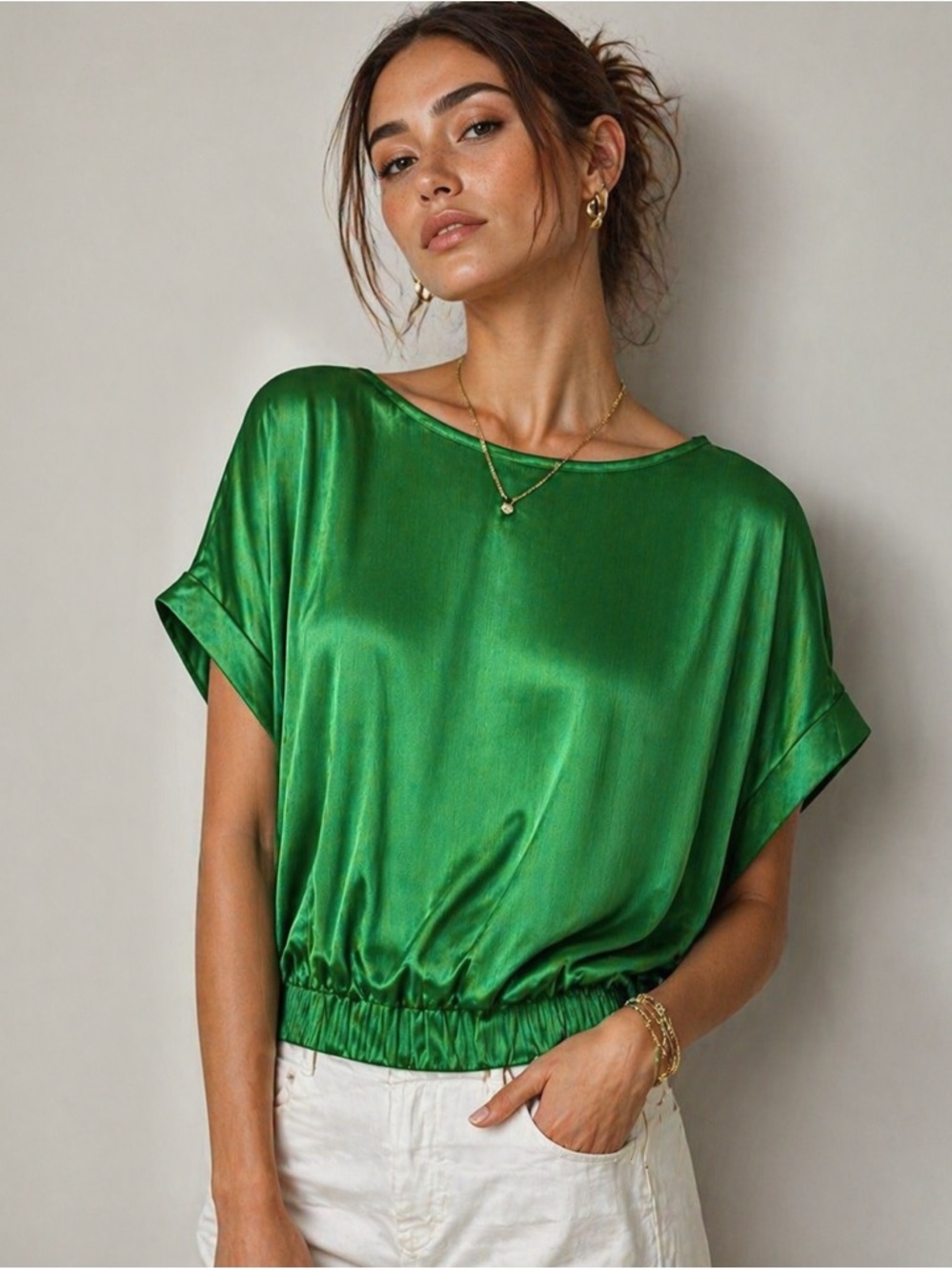 Glam Emerald Satin Blouse Size M Silky Elastic Hem Top